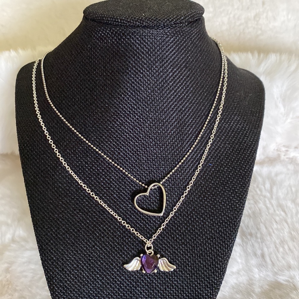 2/$16 Friendship purple HEART shaped Crystal w angel wings & BFF charm necklace